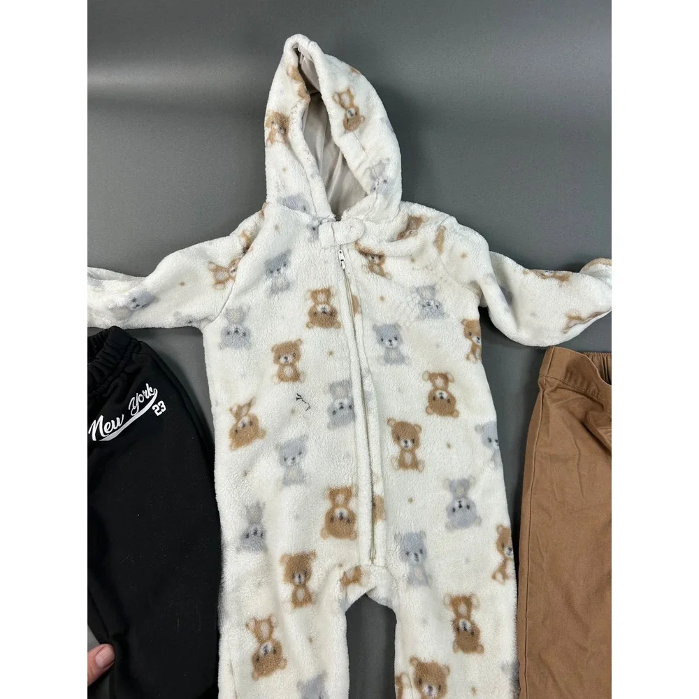 Baby Gear Boys 3pc Set 6-9M Teddy Bear‎ Fleece Footie Joggers Chinos Multicolor